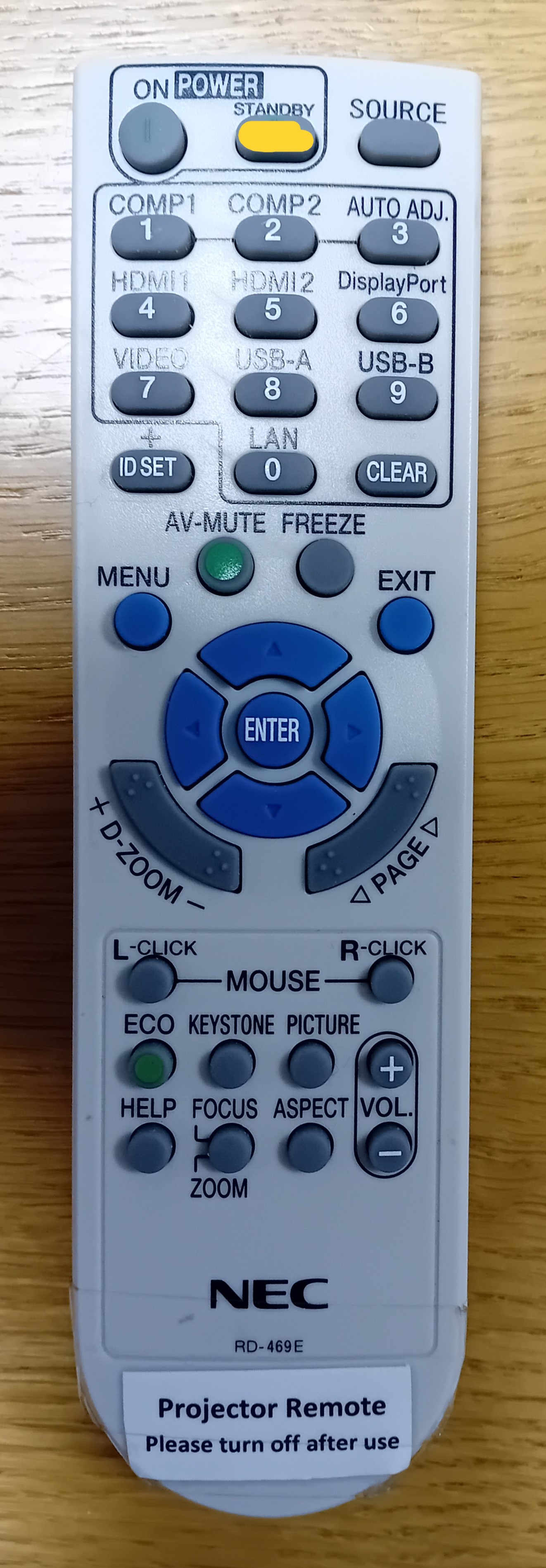 Remote for projector, showing standby button