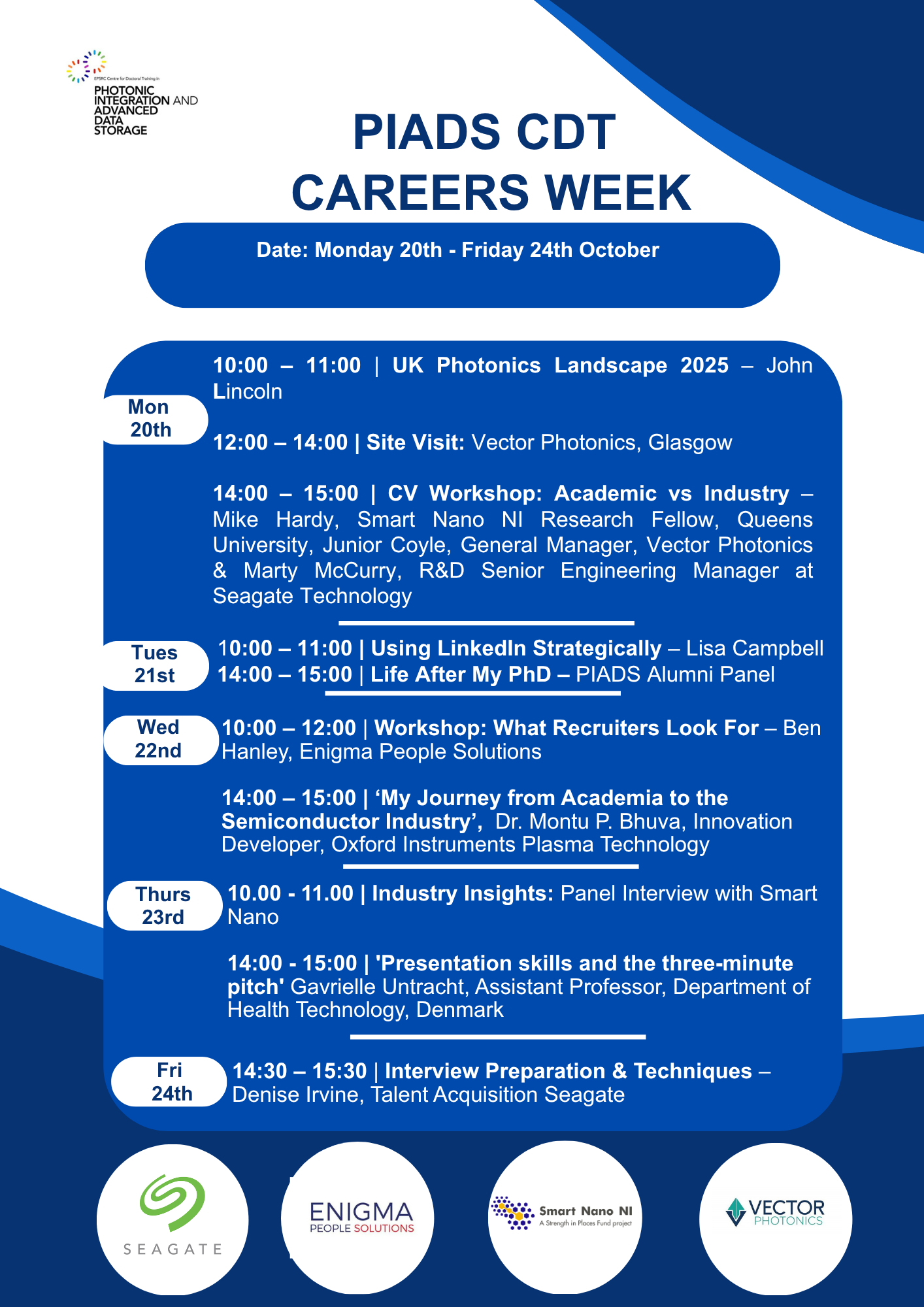 Schedule of events for the PIADS CDT Careers Event